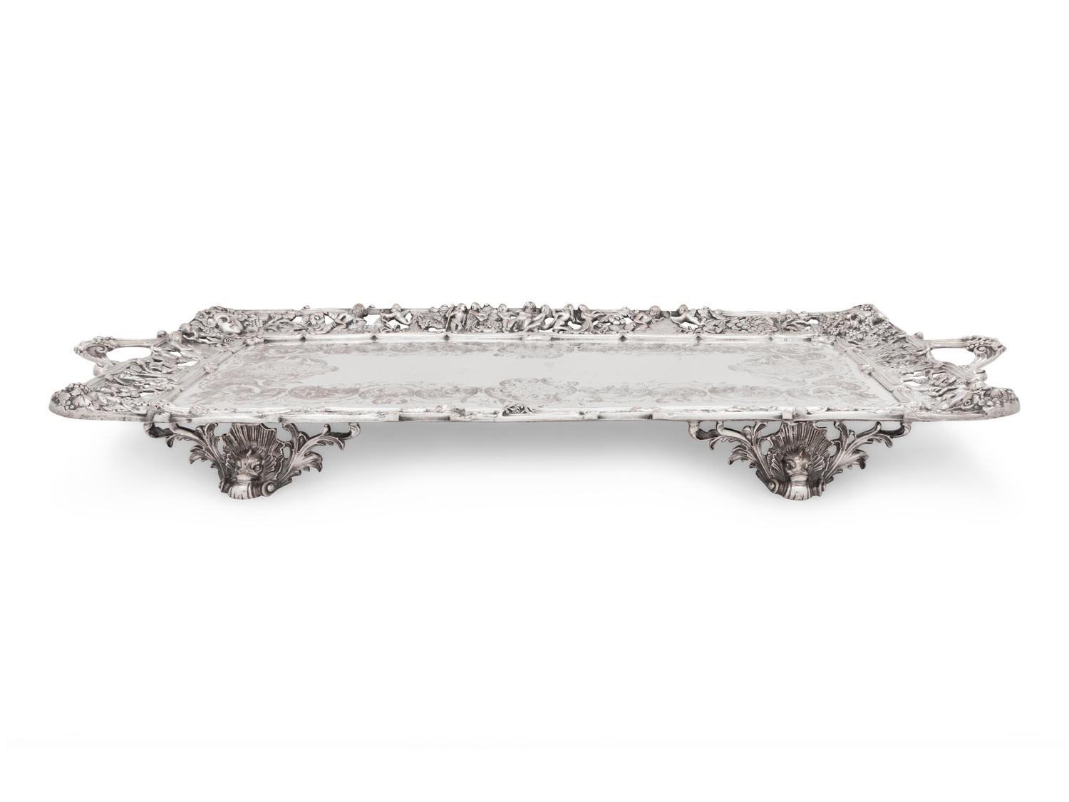 Two Large Decorative Silver-Plate Serving Trays