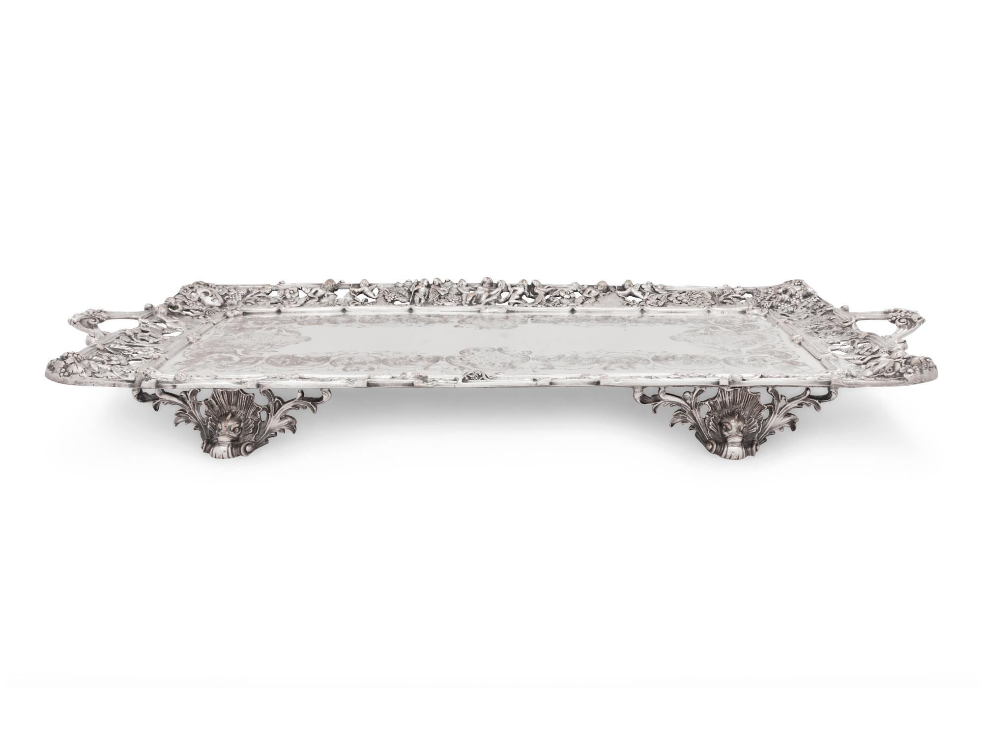 Two Large Decorative Silver-Plate Serving Trays