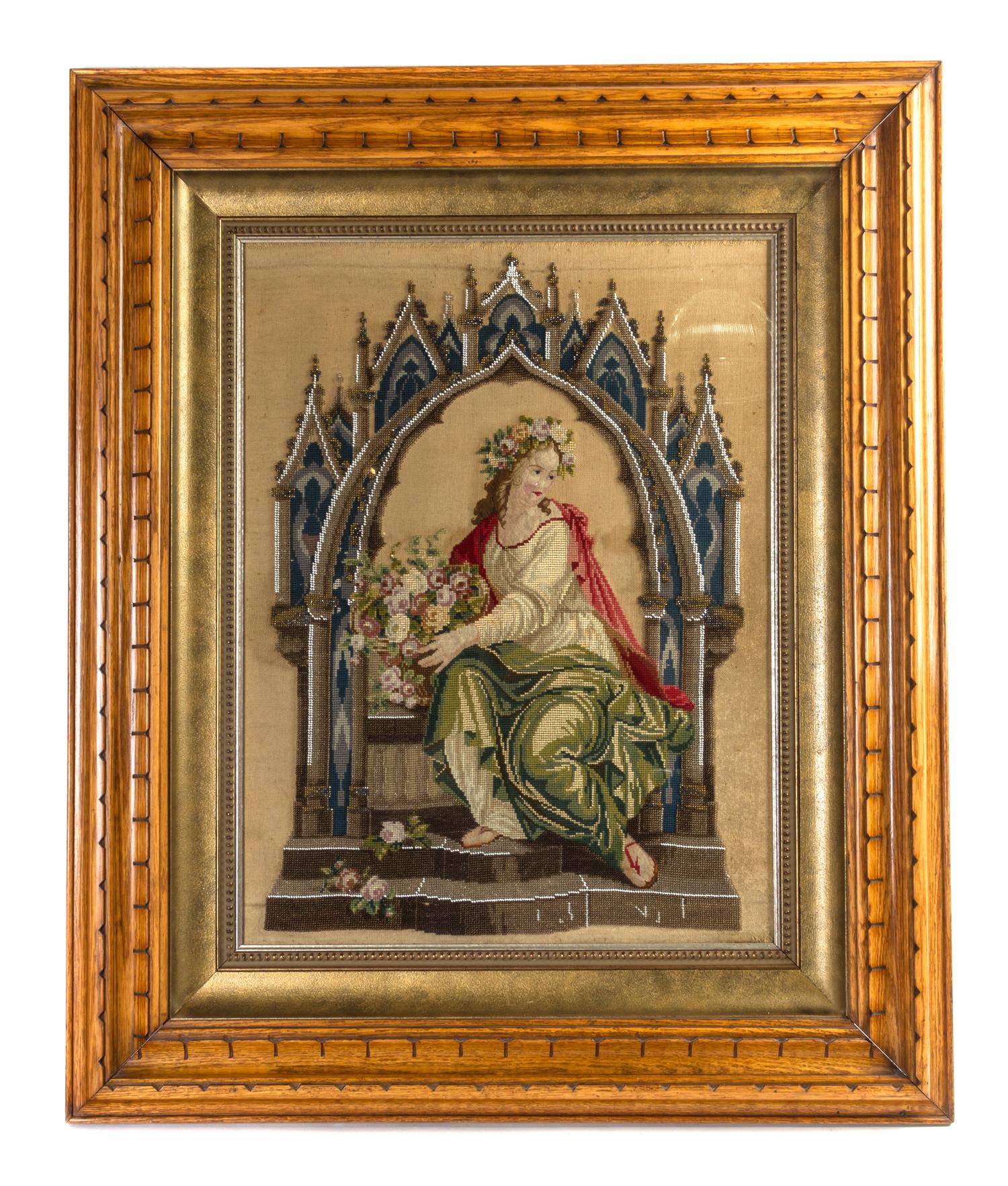 A Victorian Needlework and Beaded Pictorial Panel, Height 24 x width 18 inches.