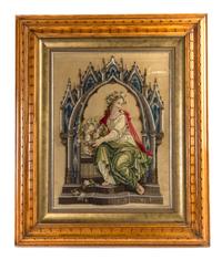 A Victorian Needlework and Beaded Pictorial Panel, Height 24 x width 18 inches.