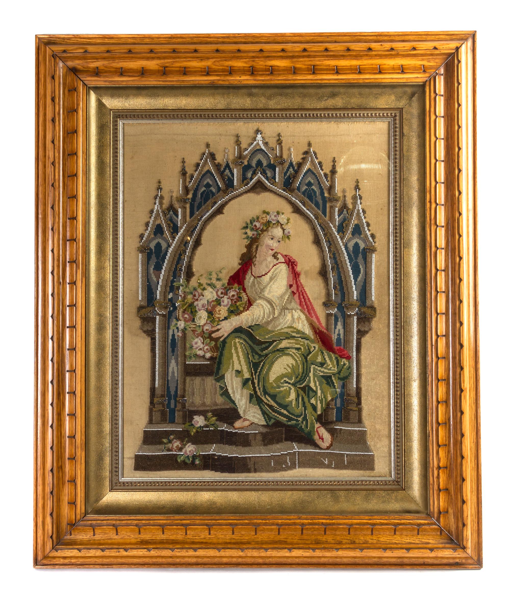 A Victorian Needlework and Beaded Pictorial Panel, Height 24 x width 18 inches.