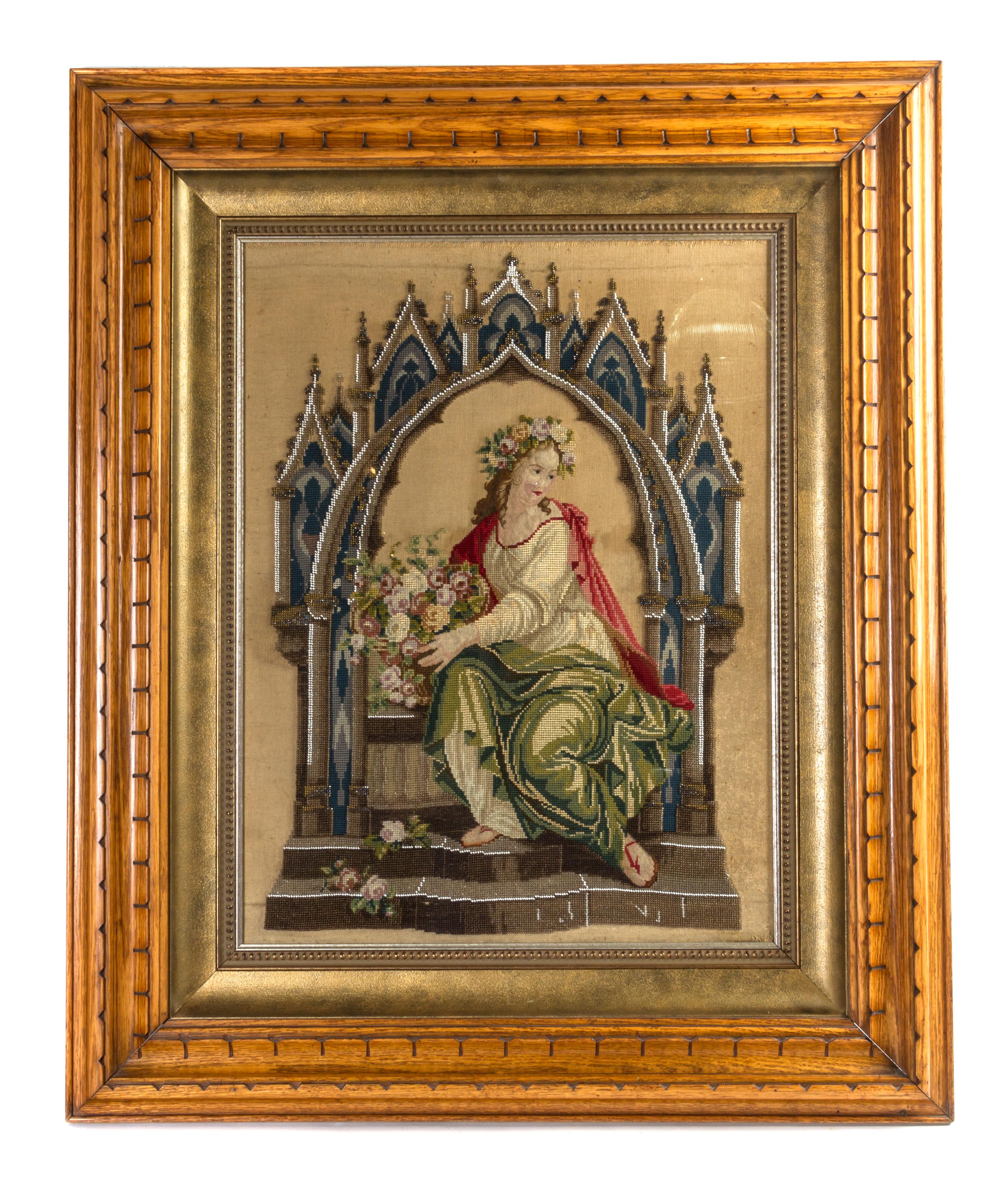 A Victorian Needlework and Beaded Pictorial Panel, Height 24 x width 18 inches.