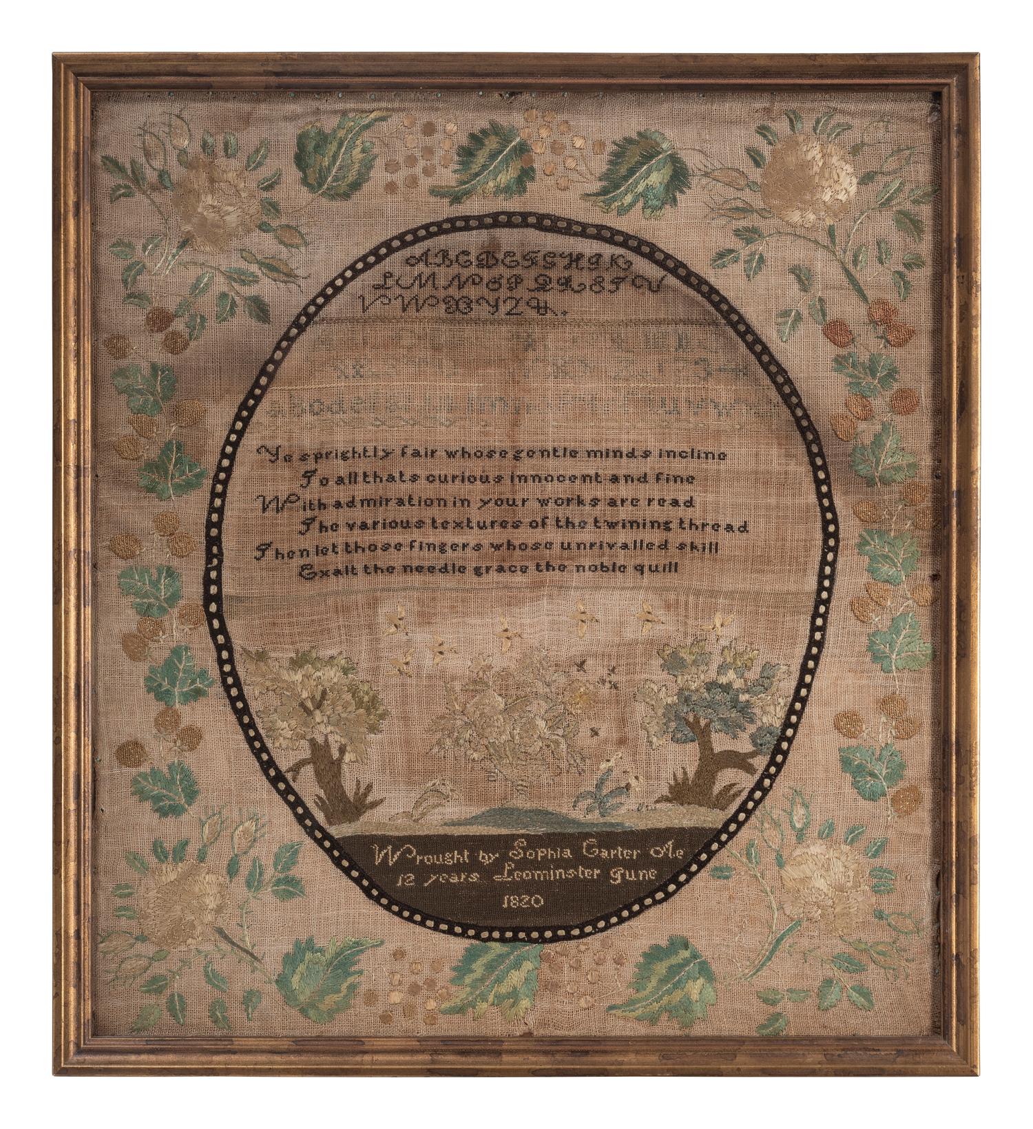 A Needlework Embroidered Sampler, Wrought by Sophia Carter