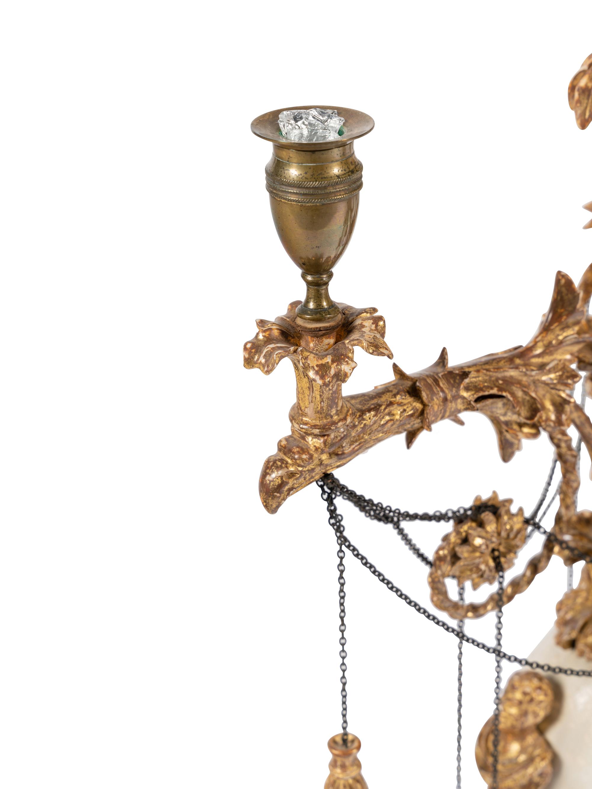 A Pair of Late George III 'Ostrich Egg' and Giltwood Three-Light Candelabra