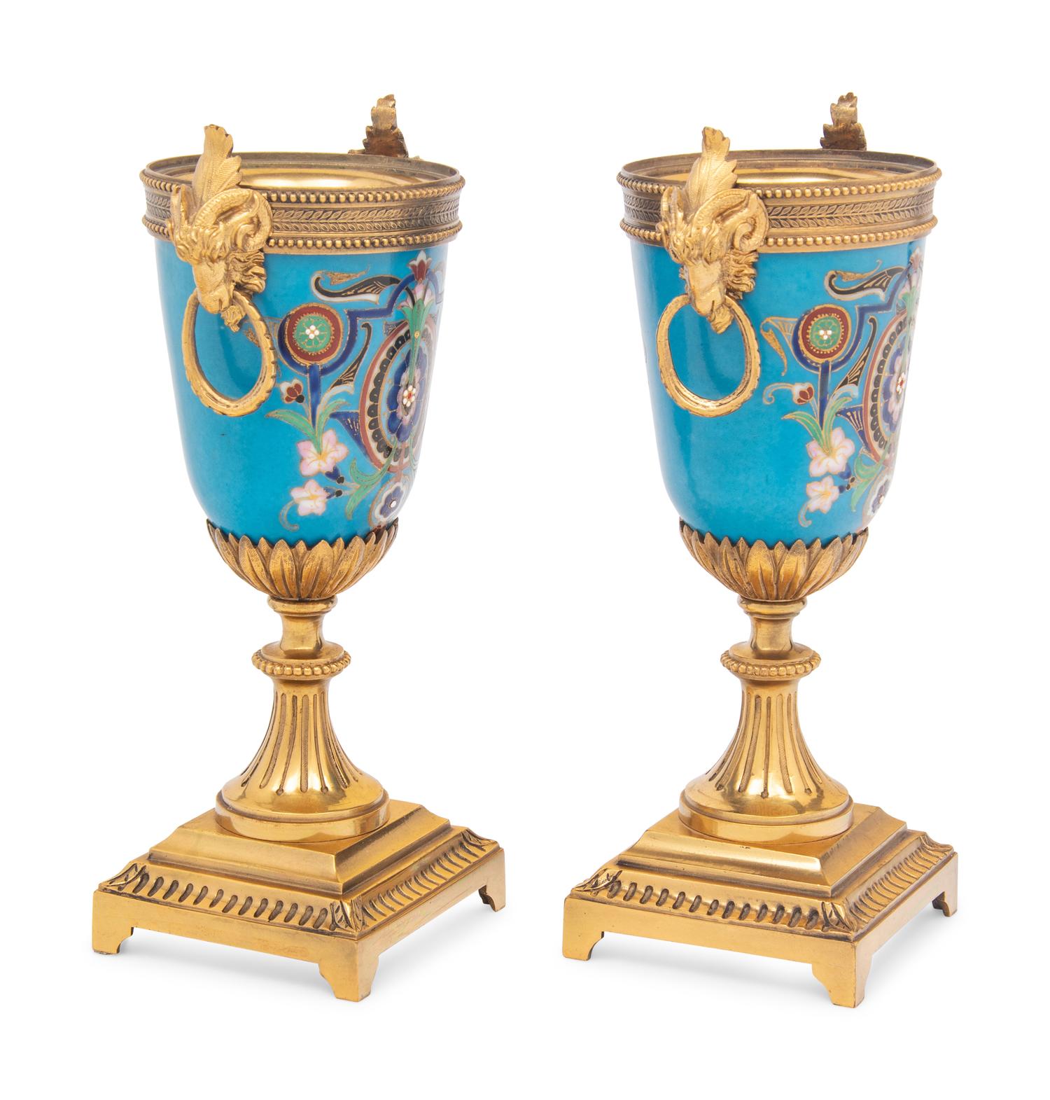 A Pair of Continental Gilt Bronze and Enamel Urns