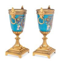 A Pair of Continental Gilt Bronze and Enamel Urns