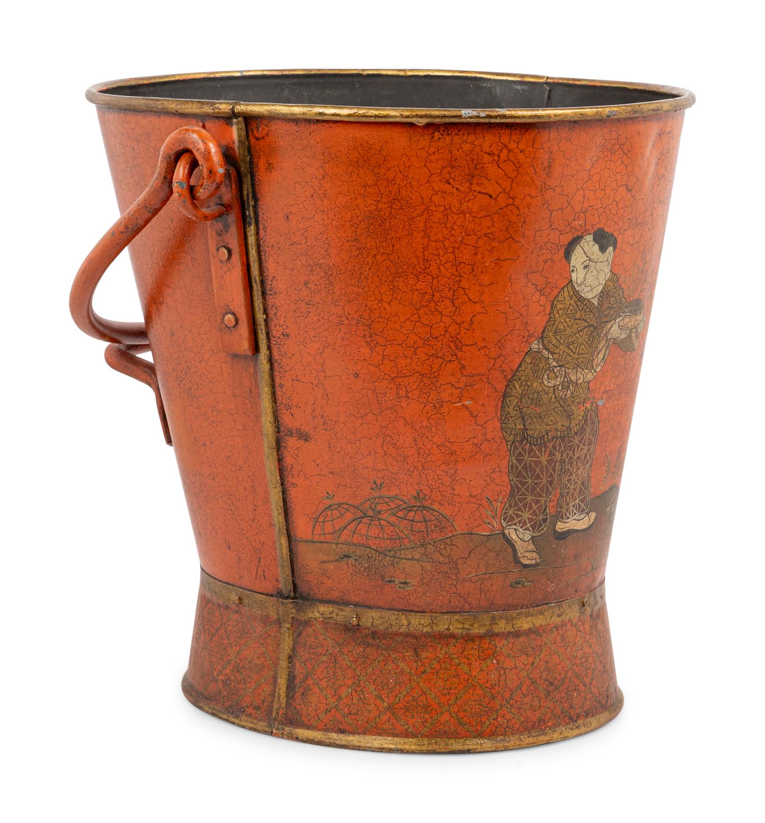 A Red and Gilt Chinoiserie Decorated Tole Coal Scuttle