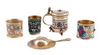 Five Enameled Silver Table Articles, Various Makers, 19th Century and Later, comprising two Russian napkin rings and a shot glass, each