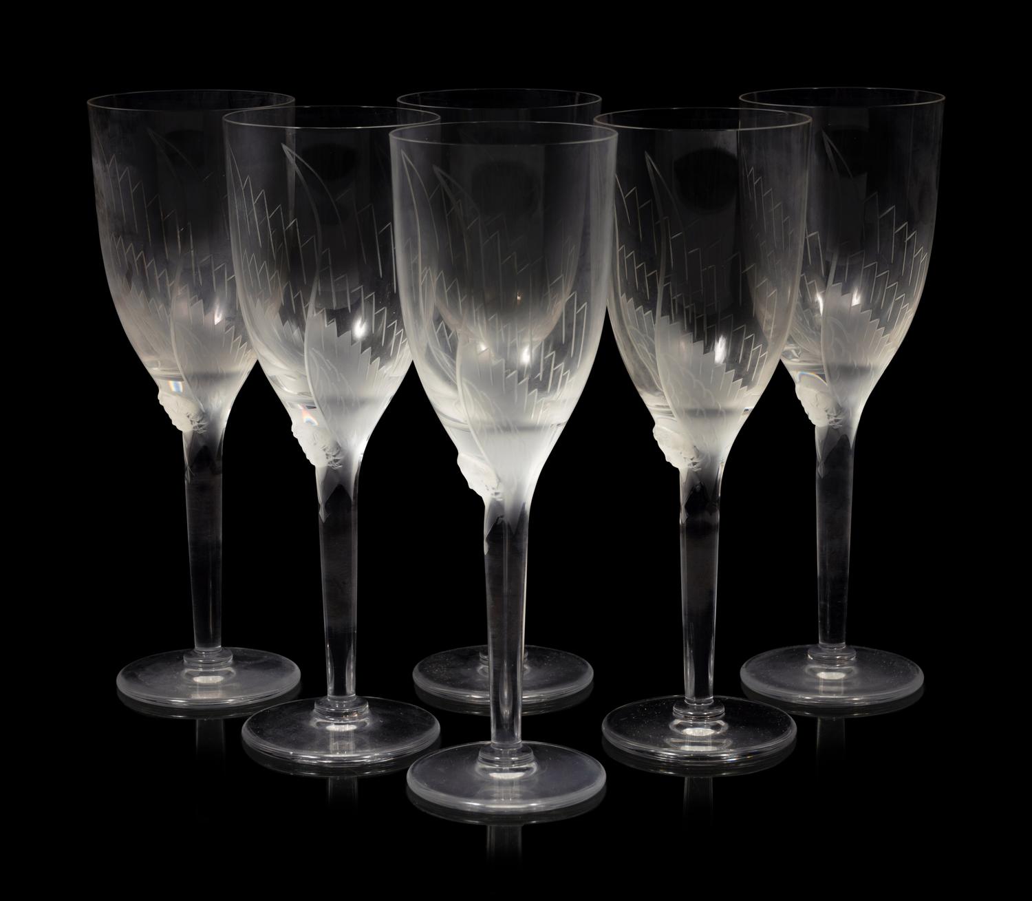 Six Lalique Angel Wing Champagne Flutes