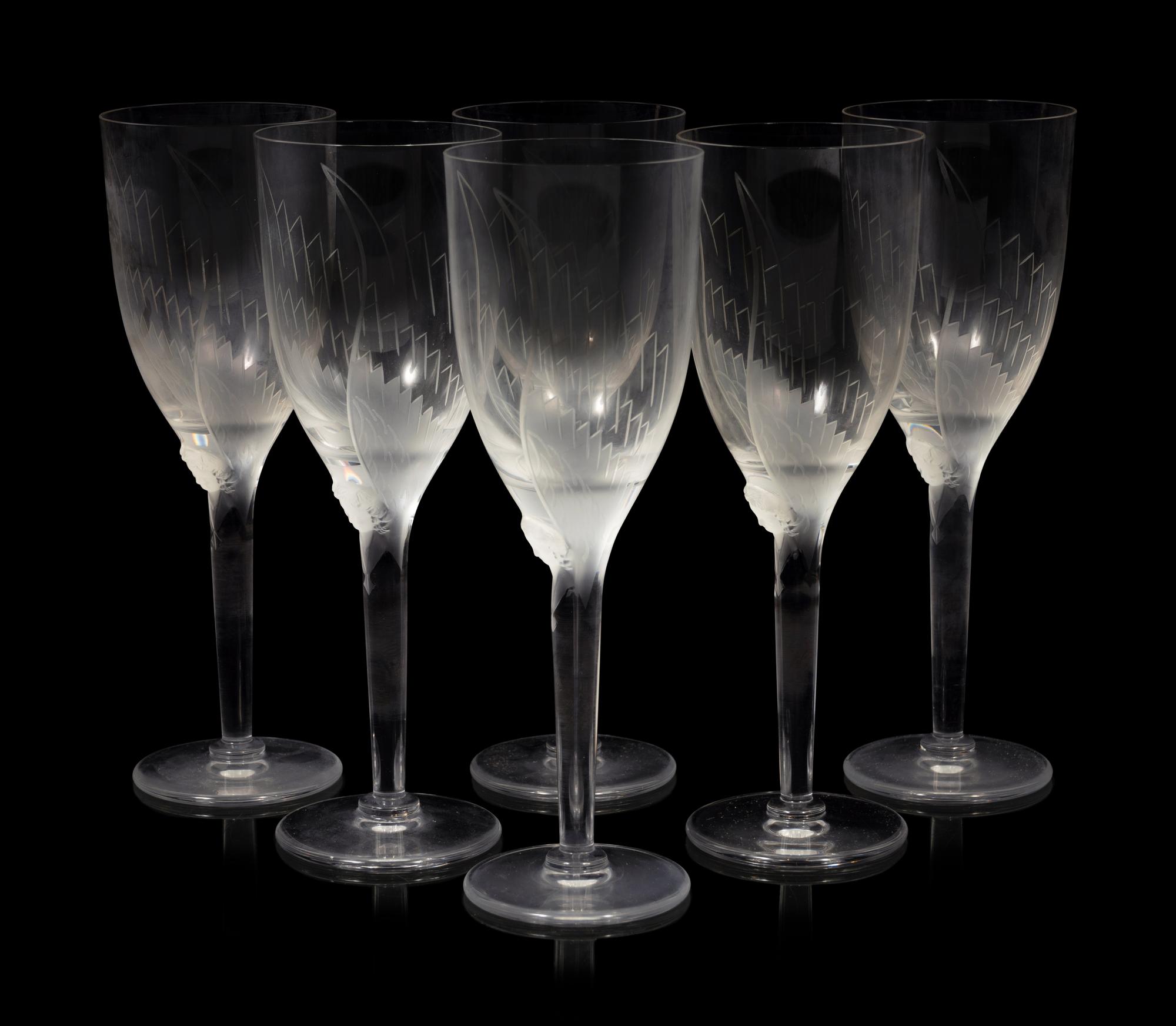 Six Lalique Angel Wing Champagne Flutes