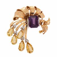 Retro, Amethyst, Citrine, Diamond, and Rose Gold Brooch