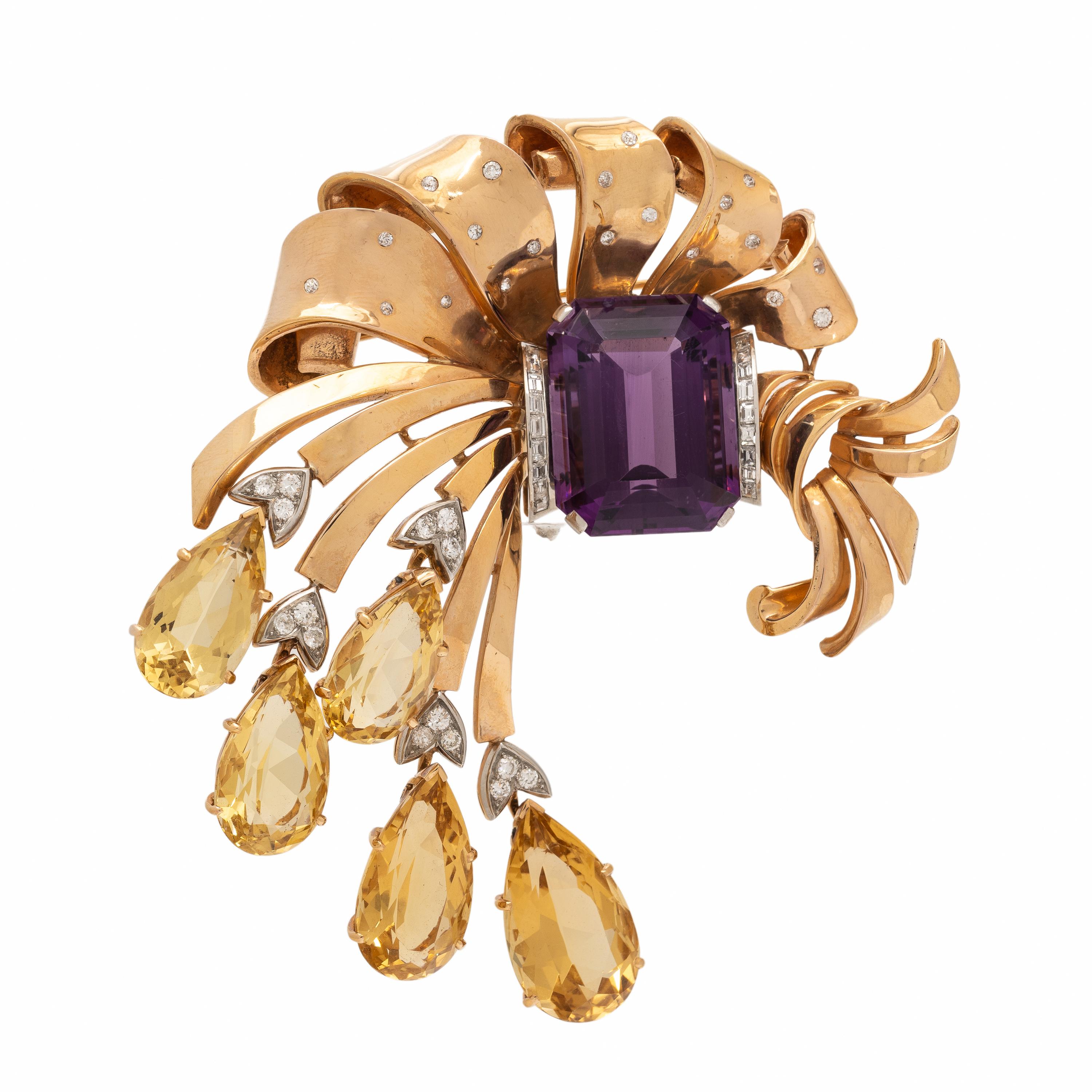 Retro, Amethyst, Citrine, Diamond, and Rose Gold Brooch