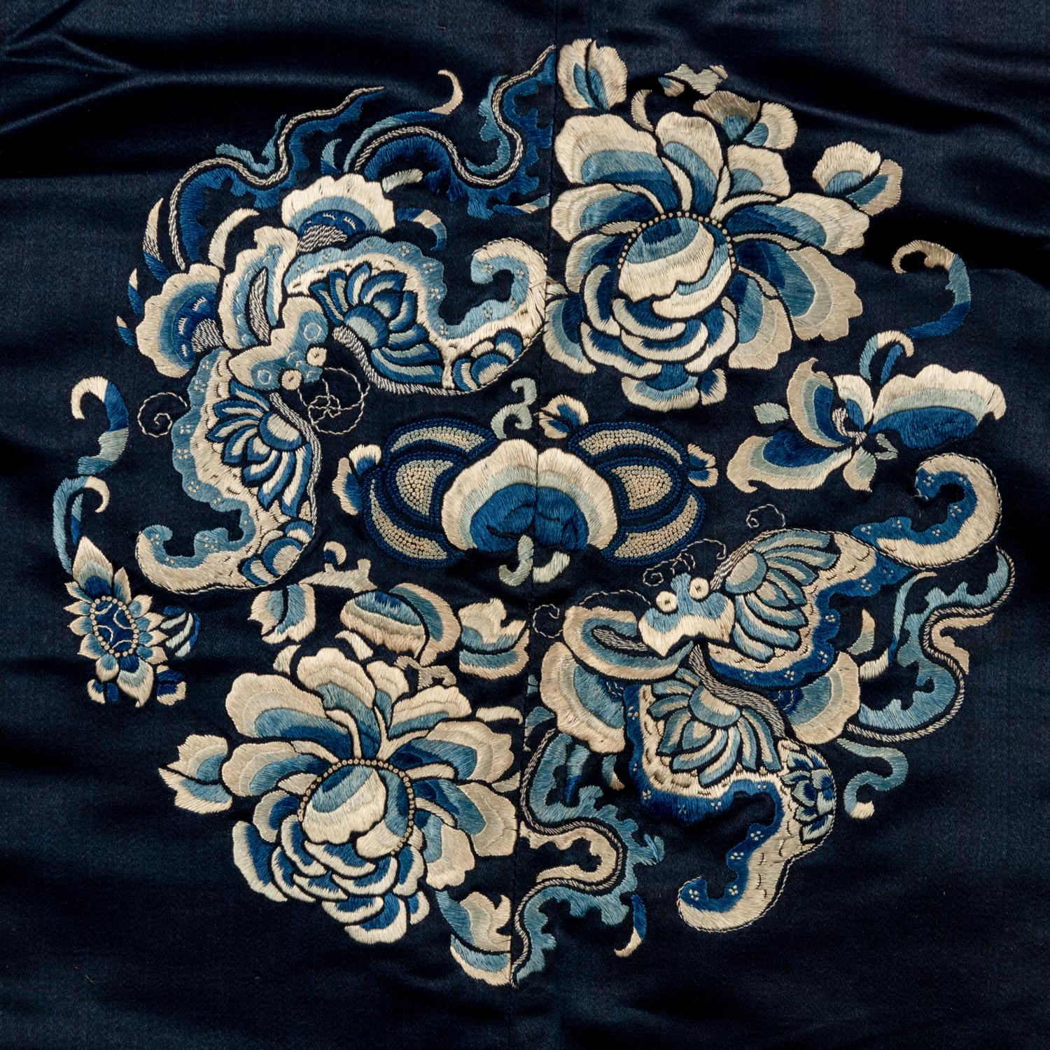 Two Chinese Silk Rectangular Panels, 19th Century 清晚期 織錦壽字紋椅披及石青緞牡丹紋綉片一幅