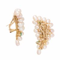 CULTURED PEARL, HARDSTONE, AND DIAMOND EARRINGS