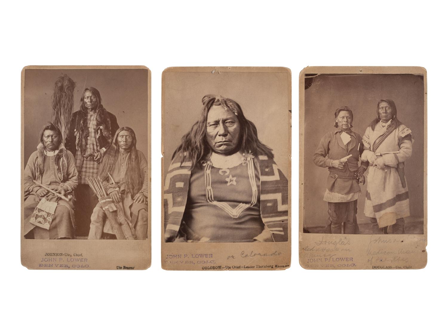 [INDIAN WARS]. 3 cabinet cards of Ute Chiefs involved with the Battle of Milk Creek, incl. Chiefs Canavish (Johnson), Quinkent (Douglass), and Colorow. Denver, CO: W.G. Chamberlain, ca 1870s.