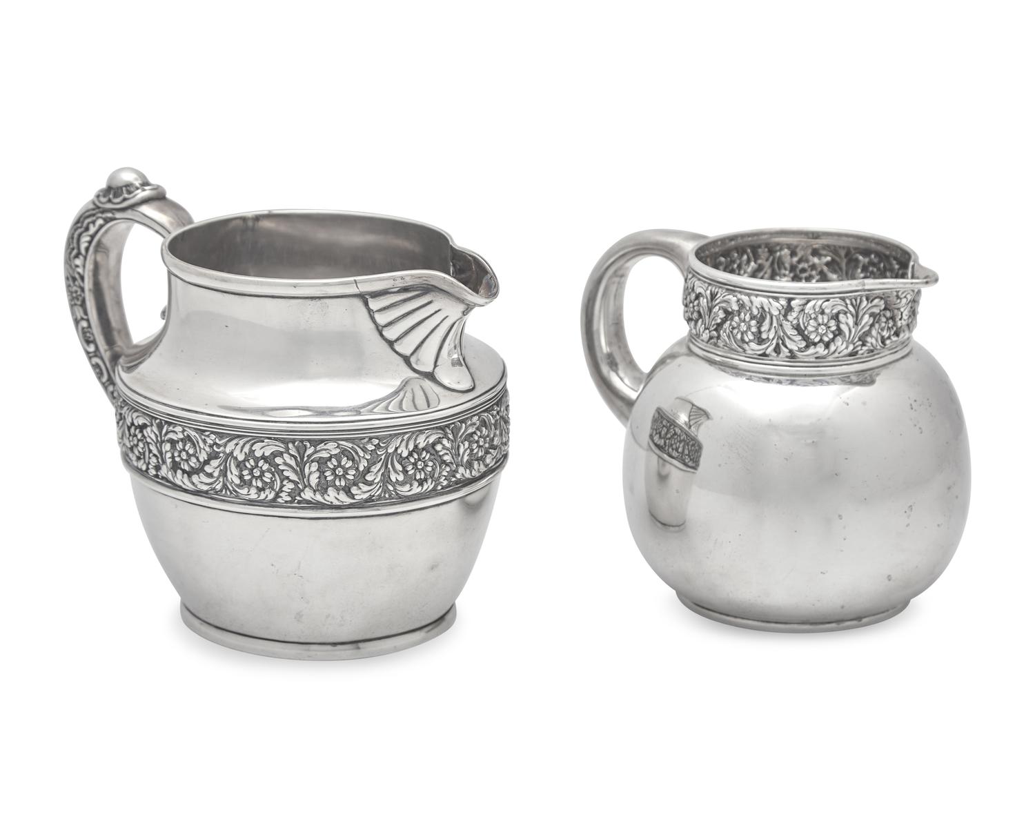 Two Sterling Silver Floral Repousse Pitchers, Tiffany & Co., New York, NY, Circa 1880-1890s