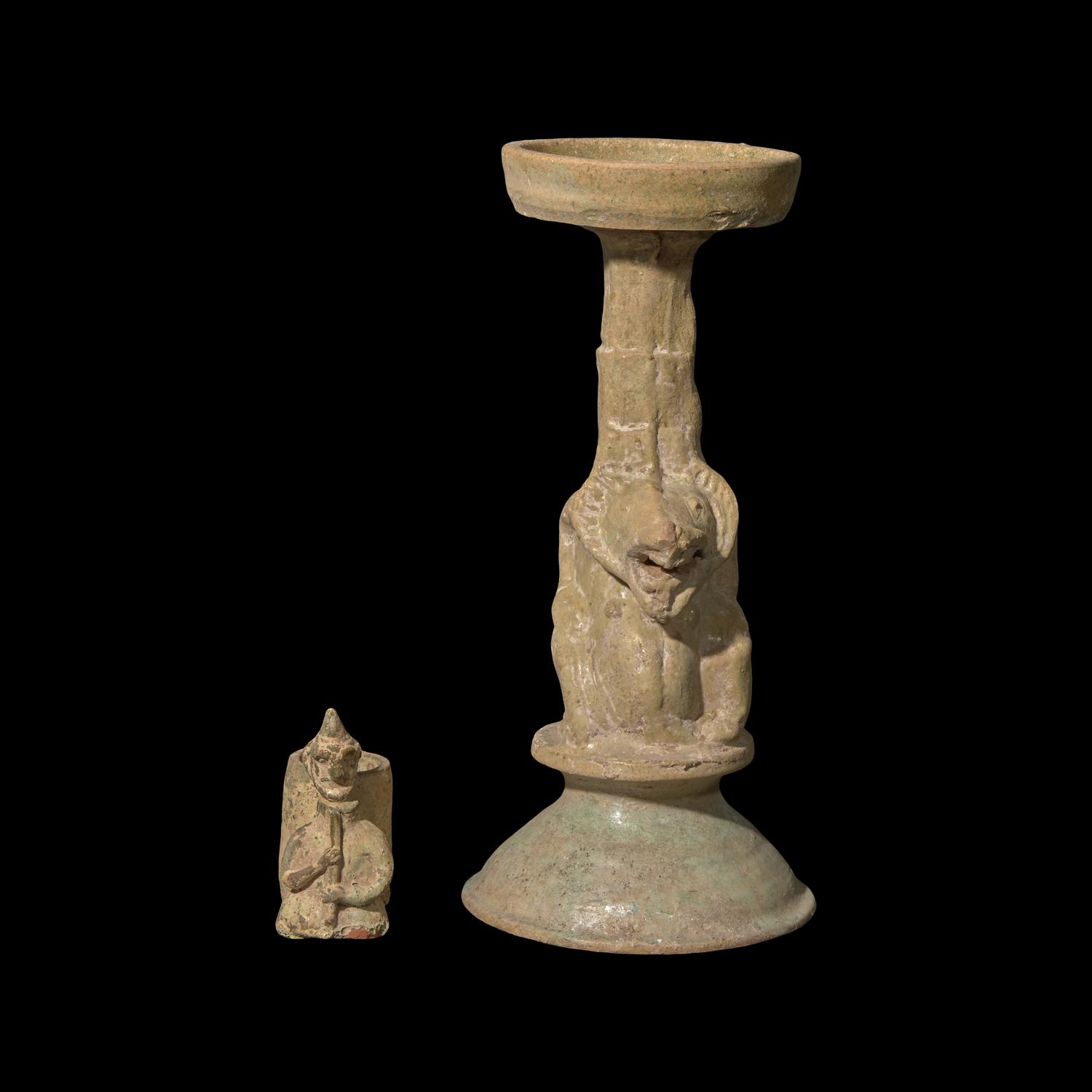 Two Chinese Green Glazed Iridescent Pottery Figural-Form Vessels, Possibly Han Dynasty 或為漢 陶綠釉胡人俑及熊形