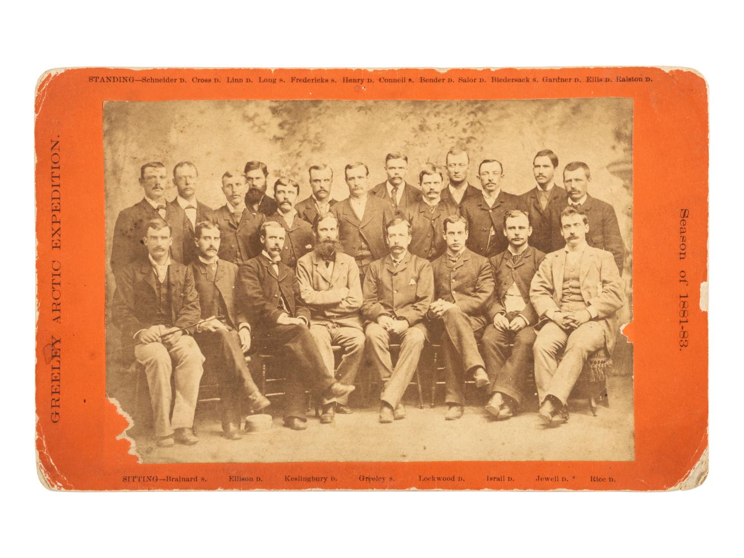 [TRAVEL & EXPLORATION]. Mounted portrait of members of the Greely Arctic Expedition of 1881-83.
