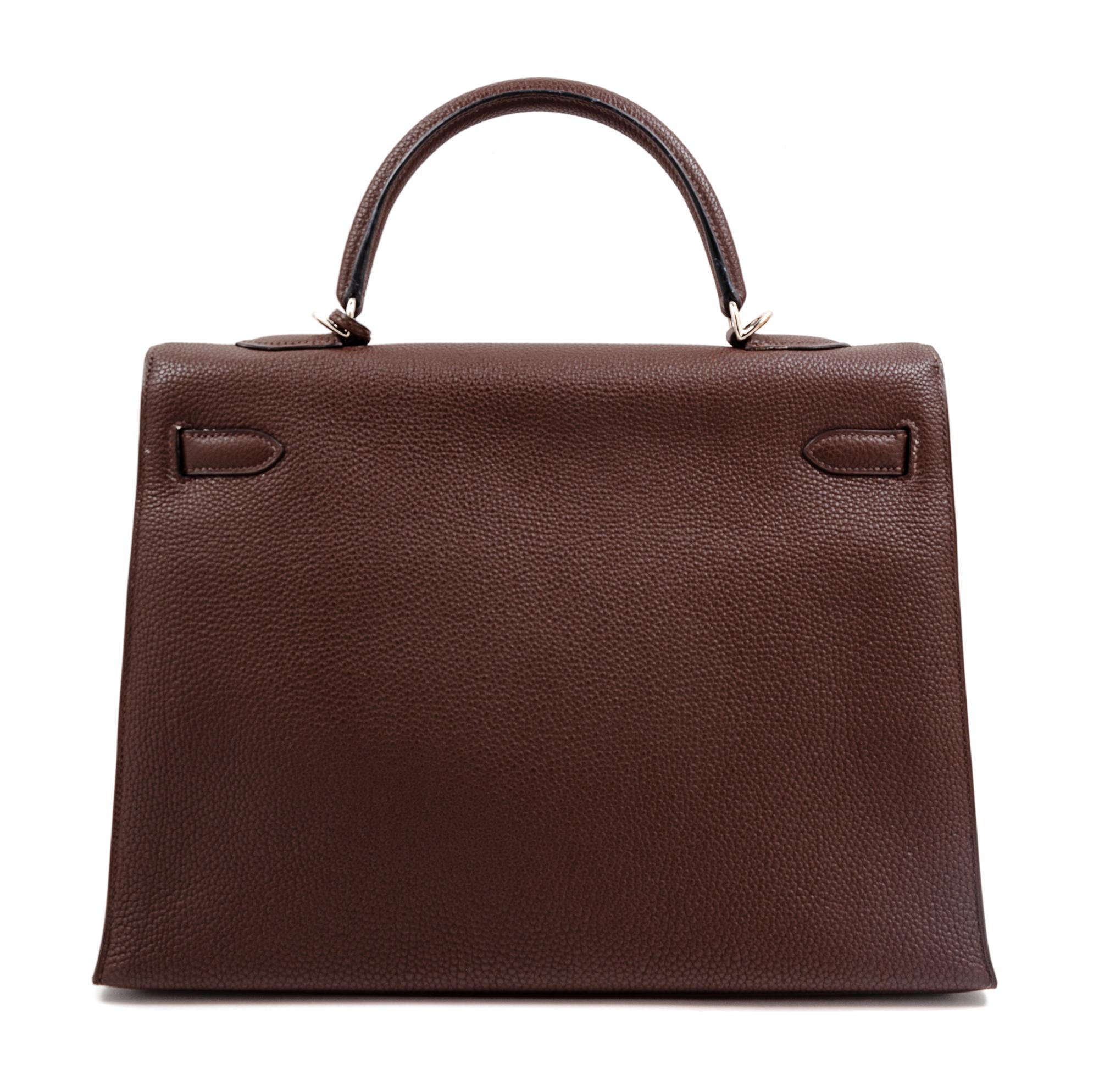 An Hermès Brown Togo 36cm Kelly, 10" H x 14" W x 5" D; Handle drop: 3.5".
