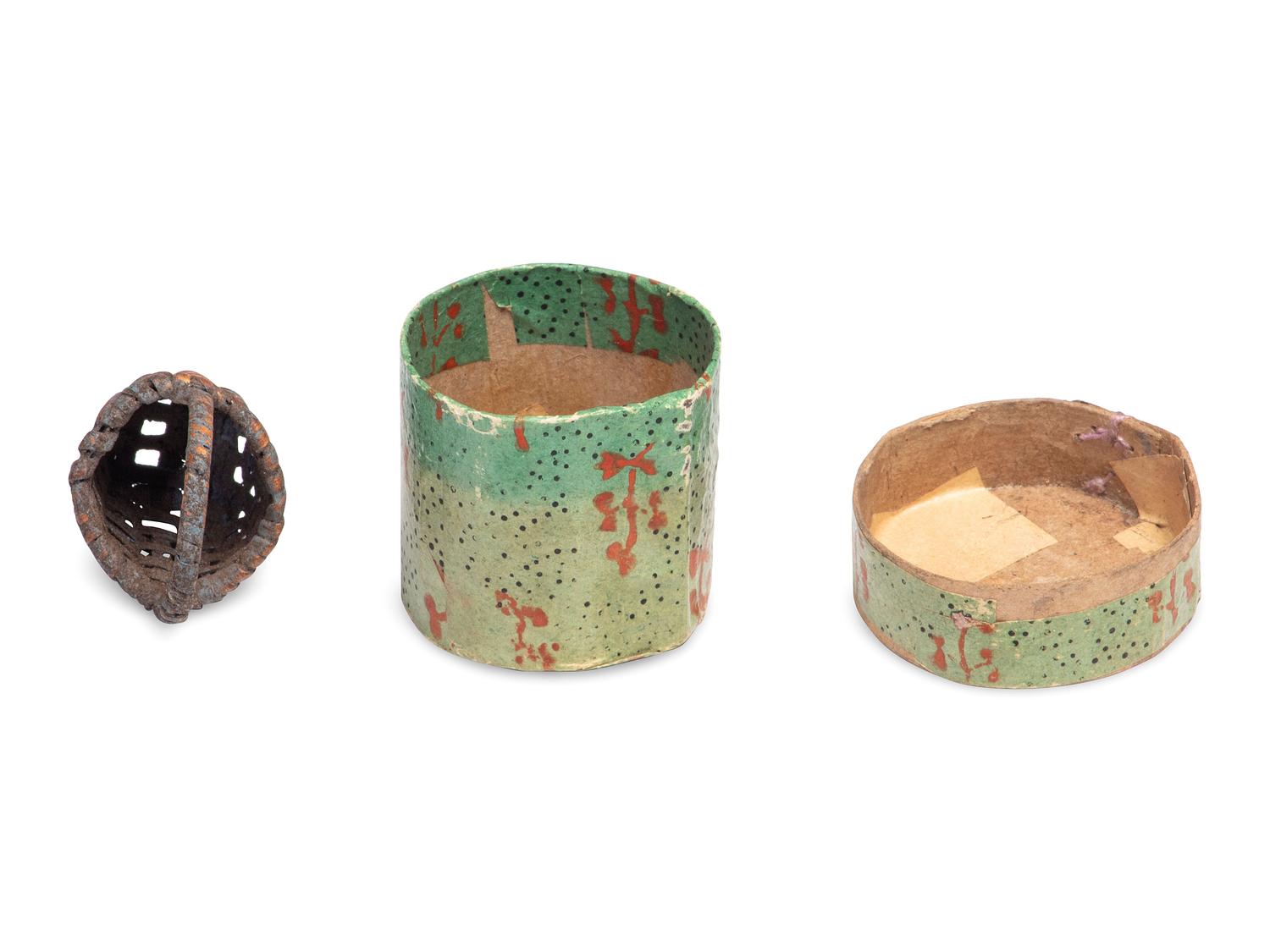 A Miniature Wallpaper Hat Box and Miniature Basket