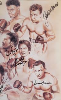 A Boxing Champions Signed Autograph Print Including Roberto Duran, Jake LaMotta and Diego "Chico" Corrales,
