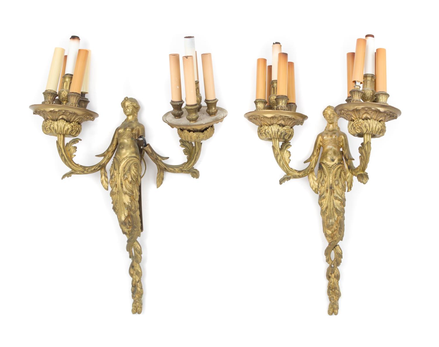 A Pair of French Gilt Metal Sconces Height 21 inches. — EARLY 20TH CENTURY