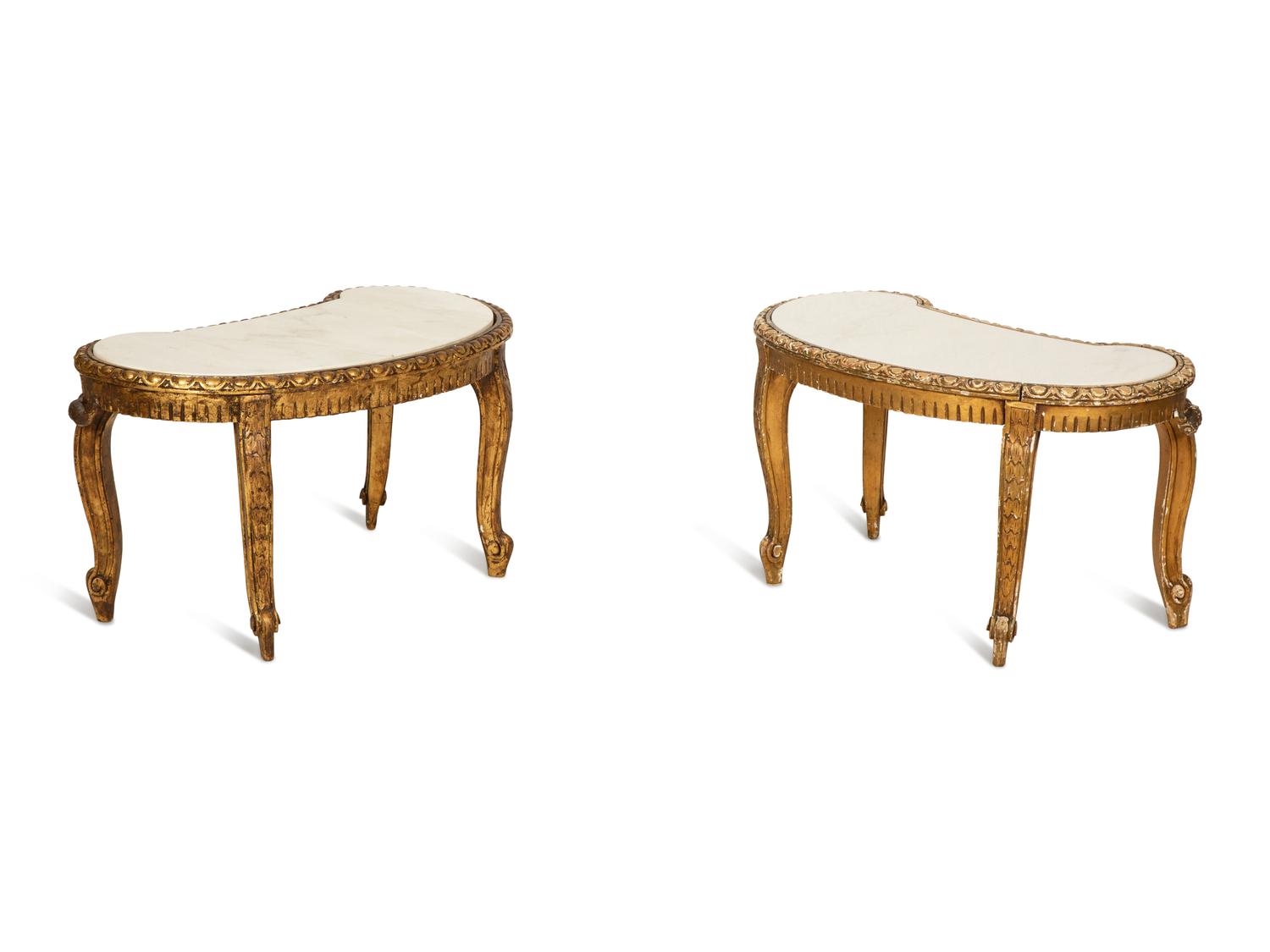A Pair of Continental Giltwood Marble-Top Reniform Side Tables — 20th Century