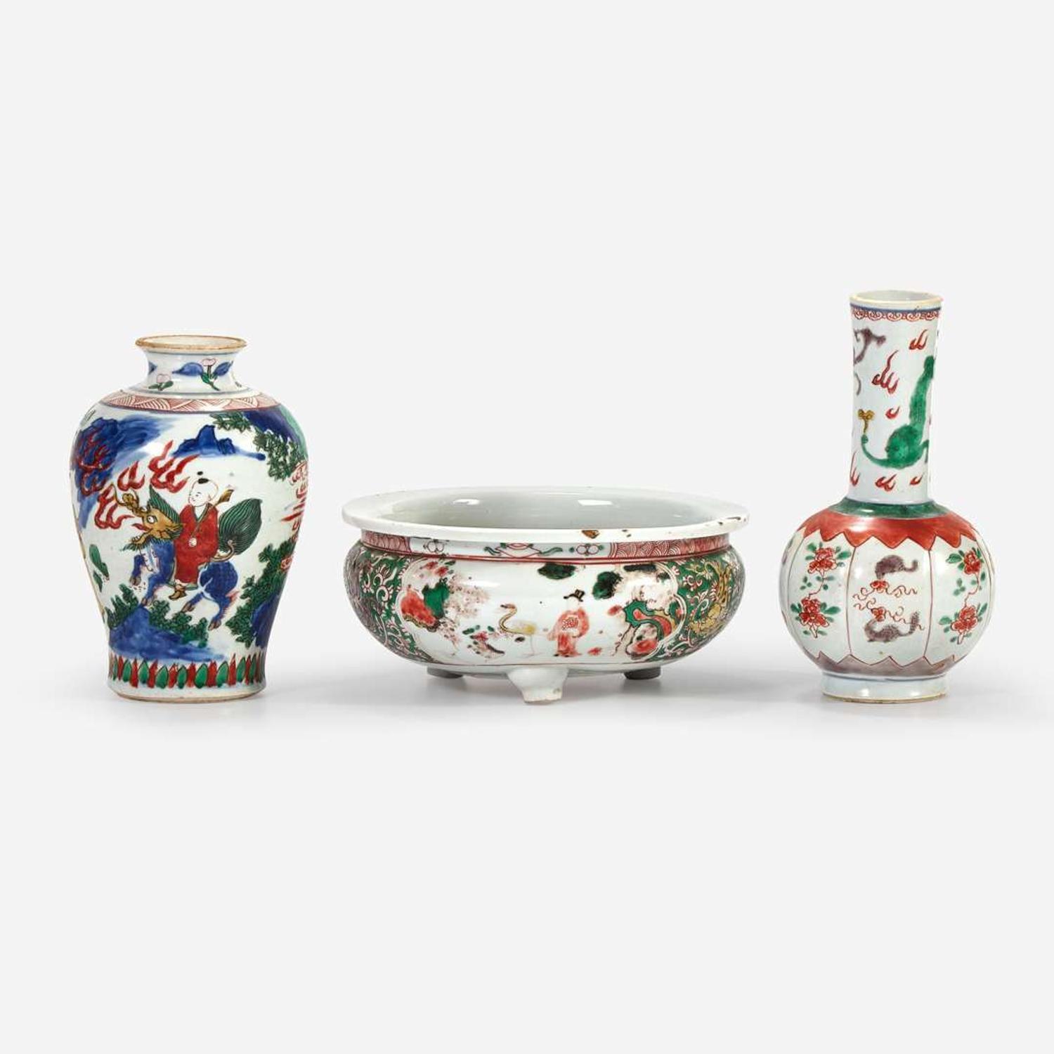A Wucai porcelain small vase, a famille verte lobed vase, and an enameled porcelain censer 17th century or later