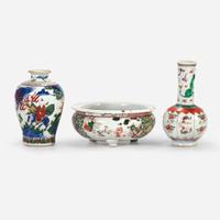 A Wucai porcelain small vase, a famille verte lobed vase, and an enameled porcelain censer 17th century or later