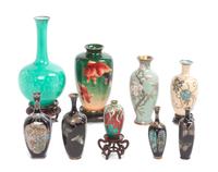 Nine Cloisonne Enamel Vases Height of tallest 10 inches.
