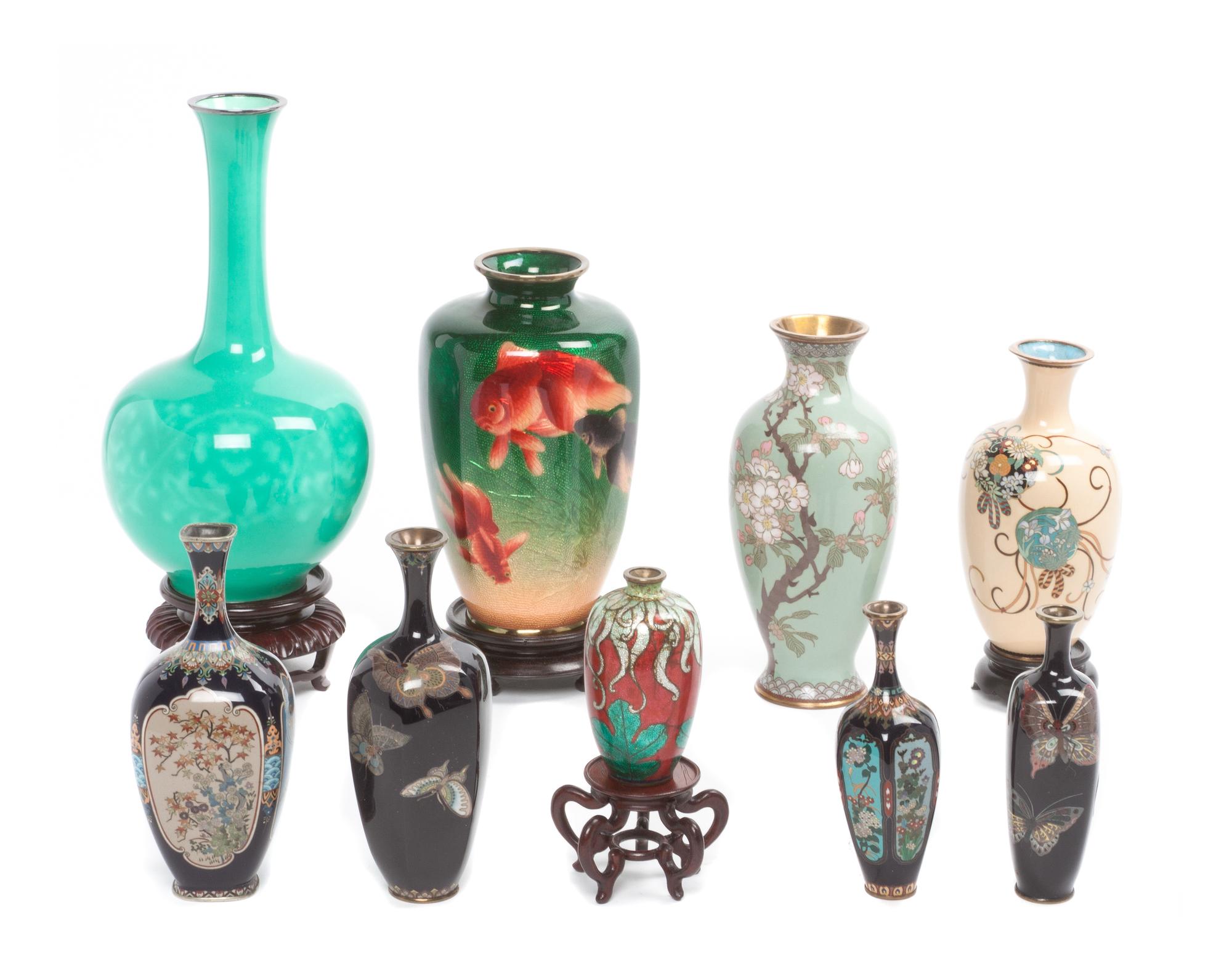 Nine Cloisonne Enamel Vases Height of tallest 10 inches.