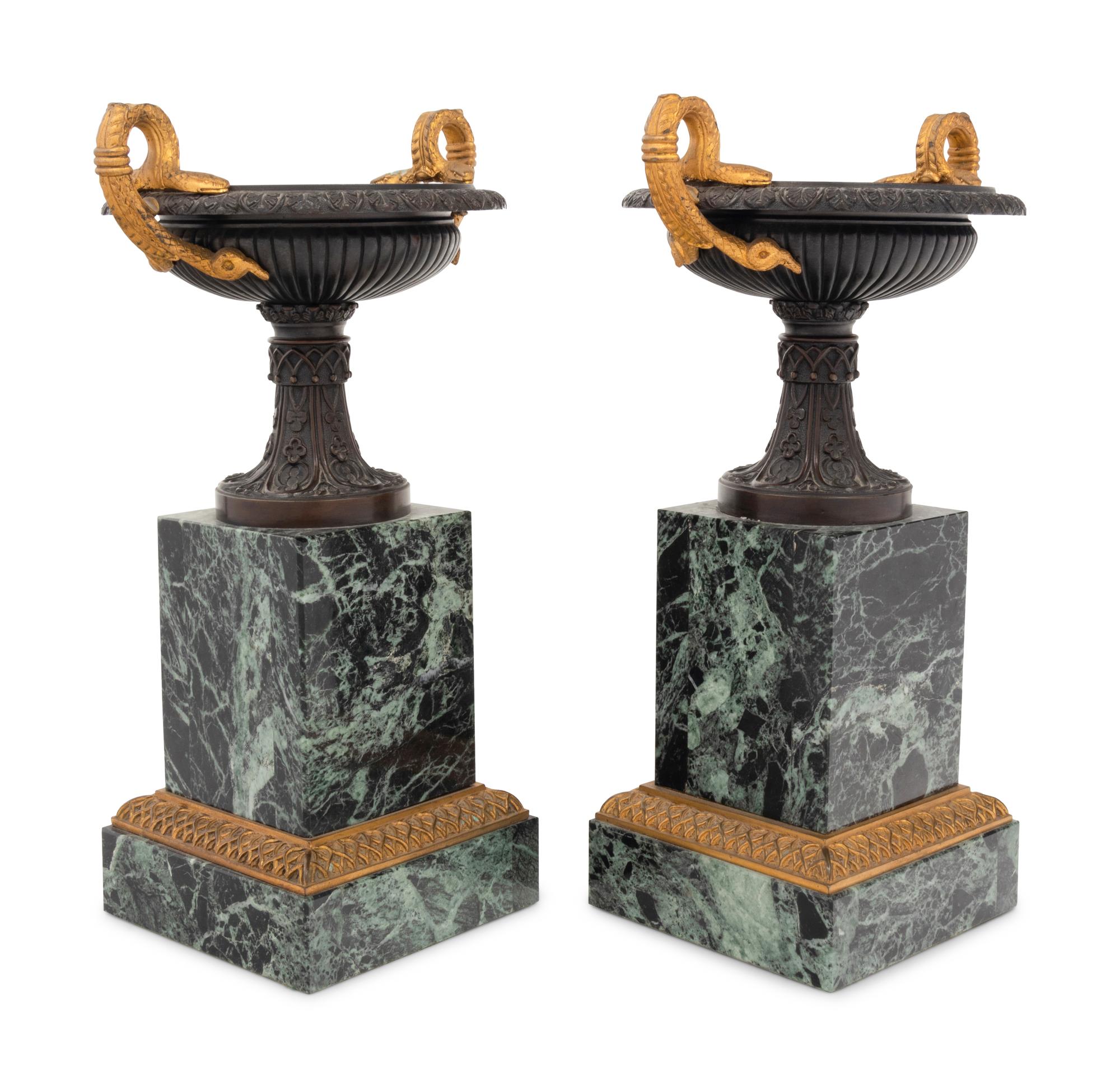 A Pair of Continental Gilt and Patinated Bronze and Marble Urn Ornaments
