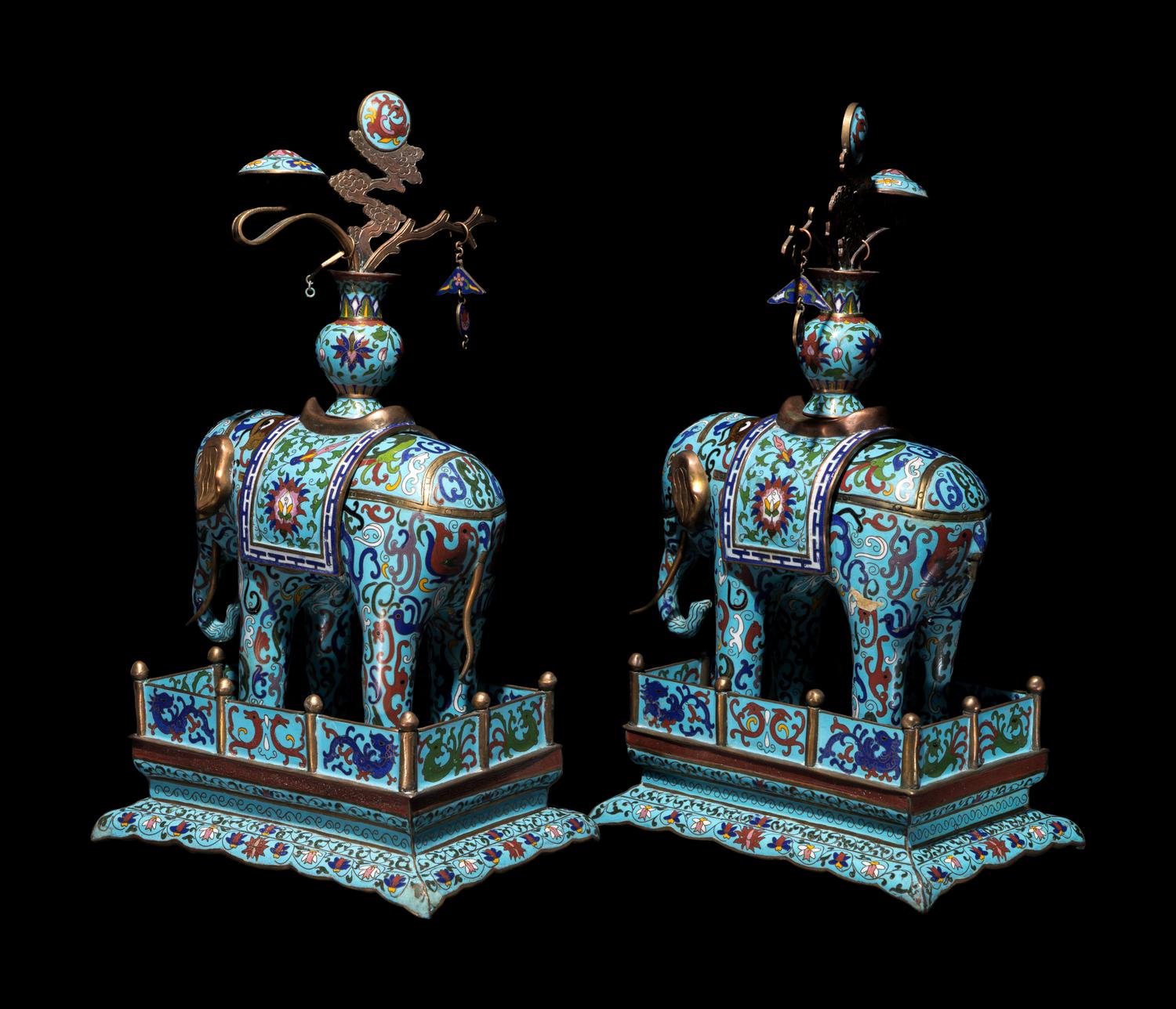 A Pair of Chinese Cloisonné Enamel Figures of Caparisoned Elephants