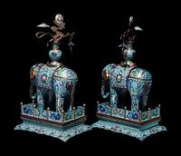 A Pair of Chinese Cloisonné Enamel Figures of Caparisoned Elephants