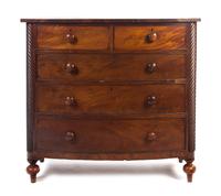 An American Mahogany Bow Front Chest of Drawers, Height 44 3/4 x width 47 1/2 x depth 22 inches.