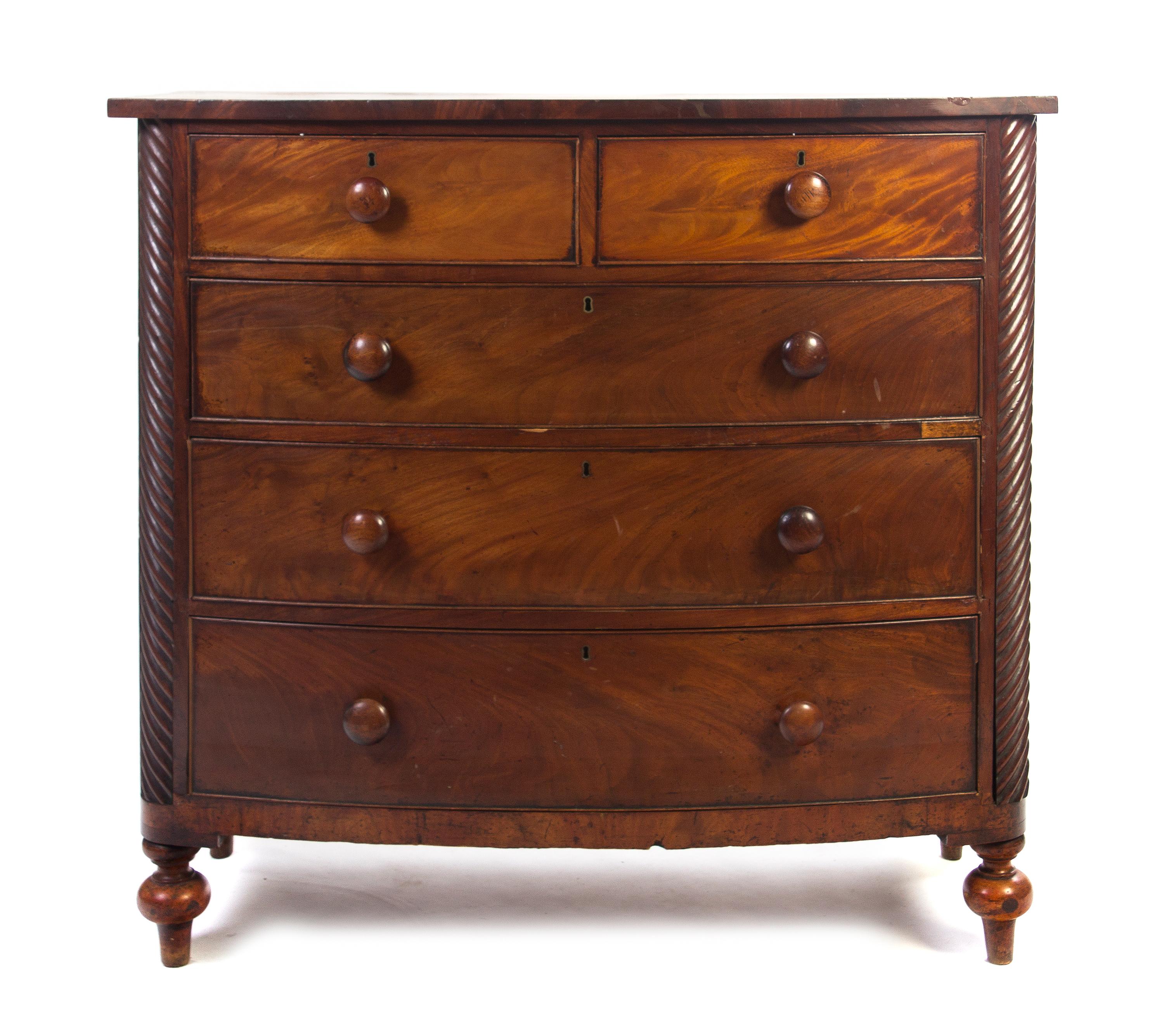 An American Mahogany Bow Front Chest of Drawers, Height 44 3/4 x width 47 1/2 x depth 22 inches.