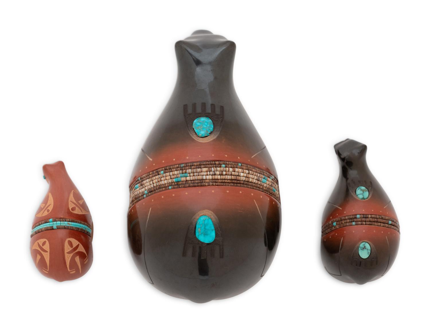 Black and Sienna Pottery Bears, with Turquoise and Heishi