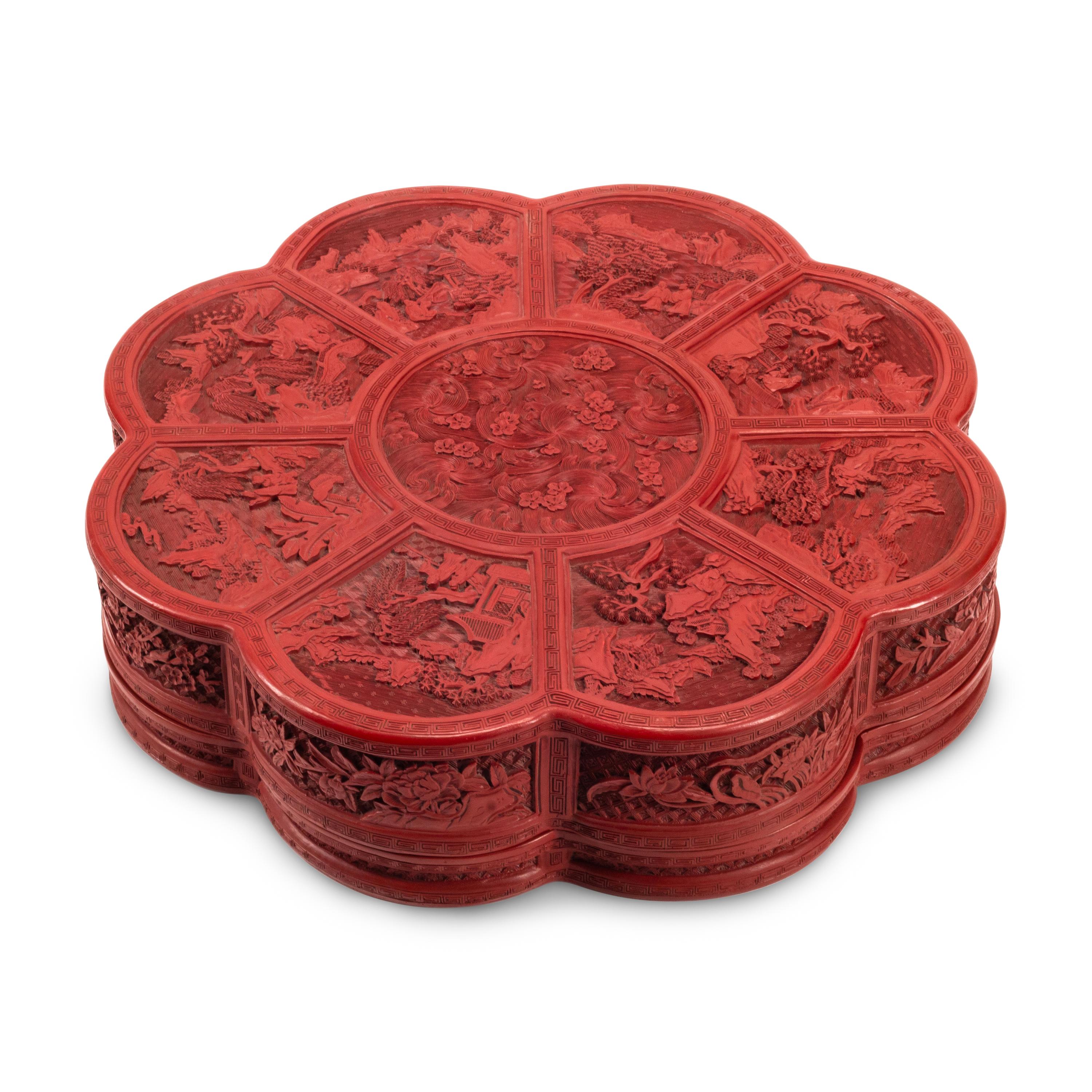 A Chinese Carved Red Lacquer Floriform Box
