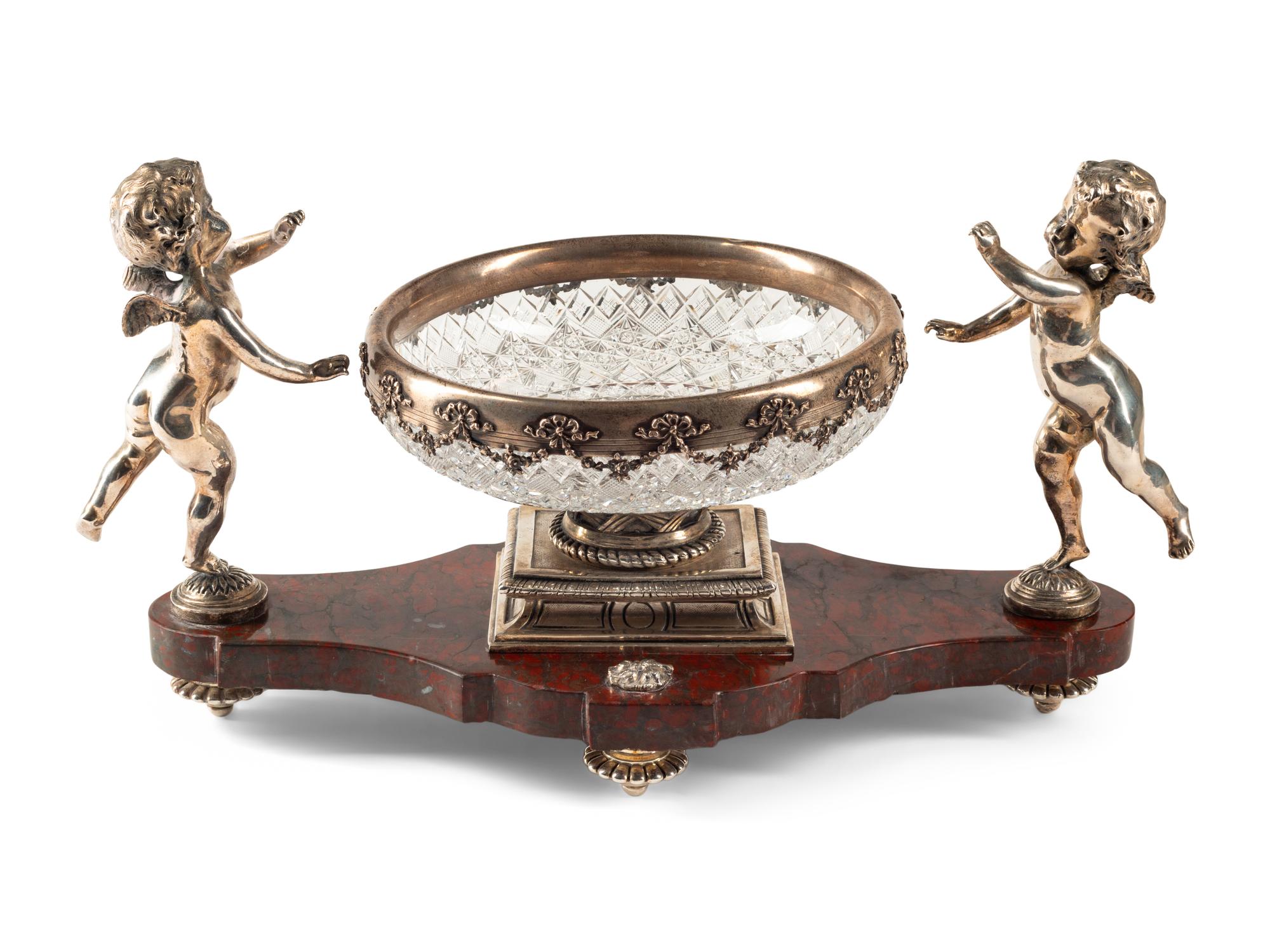 An American Silver Mounted Cut Glass, Marble and Silvered Bronze Table Centerpiece