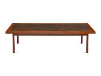 A Scandinavian Modern Teak Low Table with Egyptian Motif Stamped Copper Top