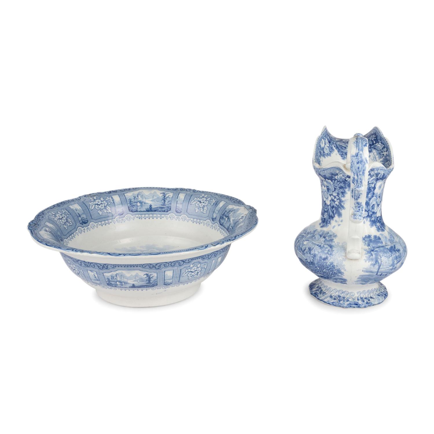 A Staffordshire Blue and White Transferware Wash Basin and Ewer