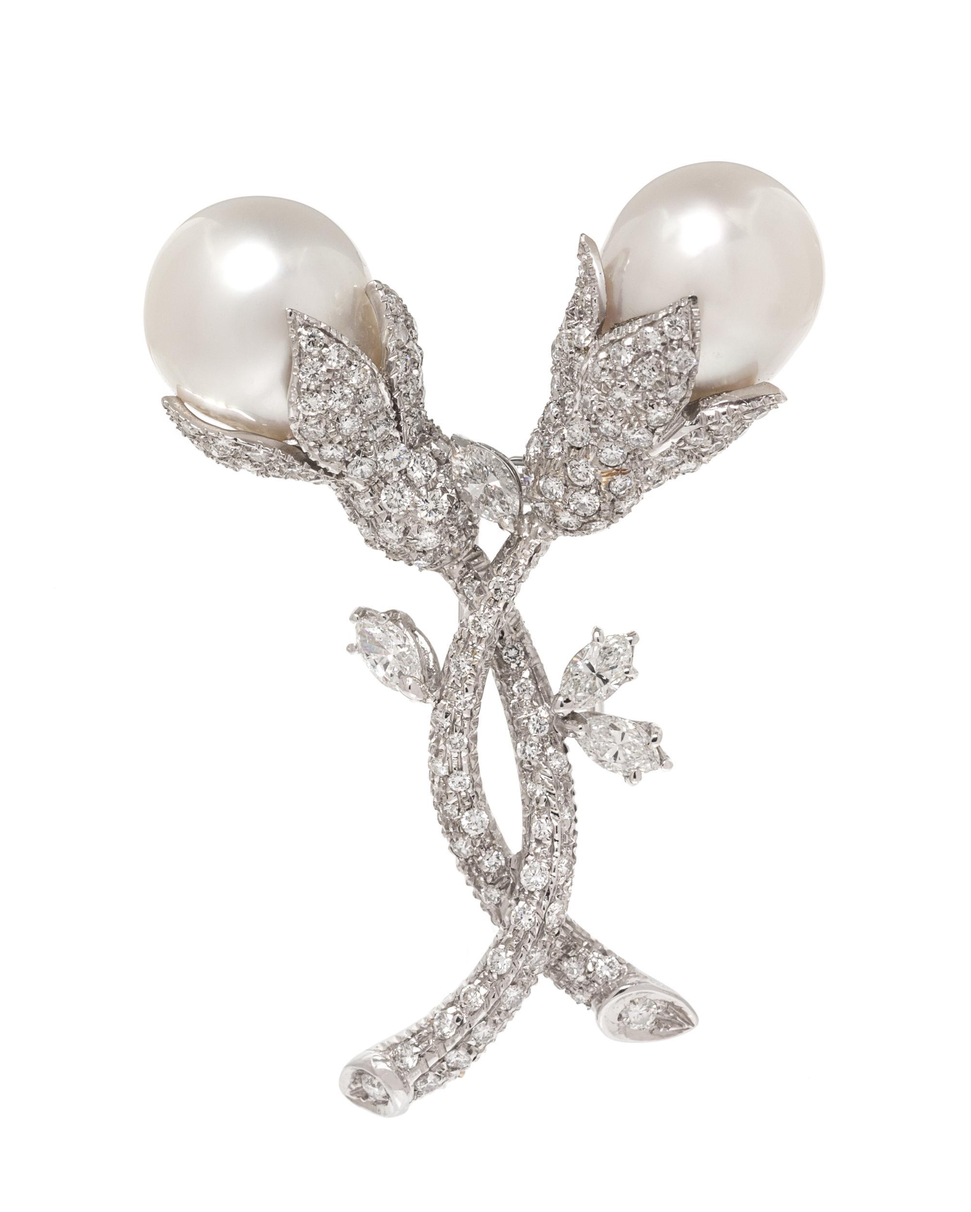 A White Gold, Cultured Baroque South Sea Pearl and Diamond Brooch, 15.75 dwts.