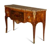 A Louis XV Style Gilt Bronze Mounted Kingwood and Marquetry Marble-Top Commode