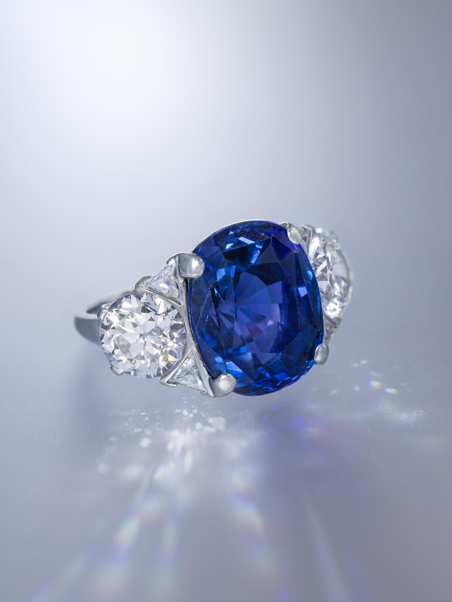 J.E. CALDWELL, ART DECO, COLOR CHANGE SAPPHIRE AND DIAMOND RING