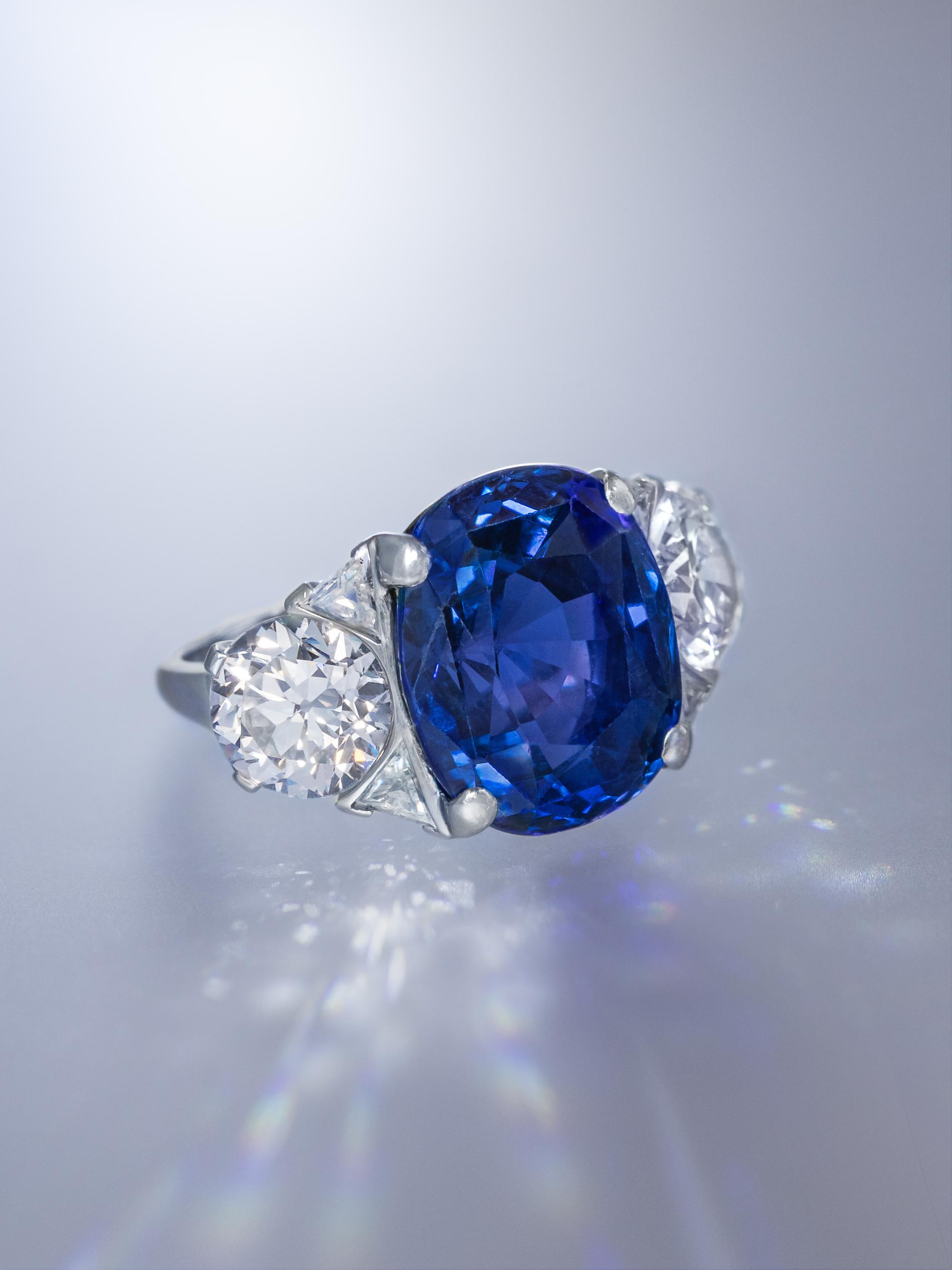 J.E. CALDWELL, ART DECO, COLOR CHANGE SAPPHIRE AND DIAMOND RING