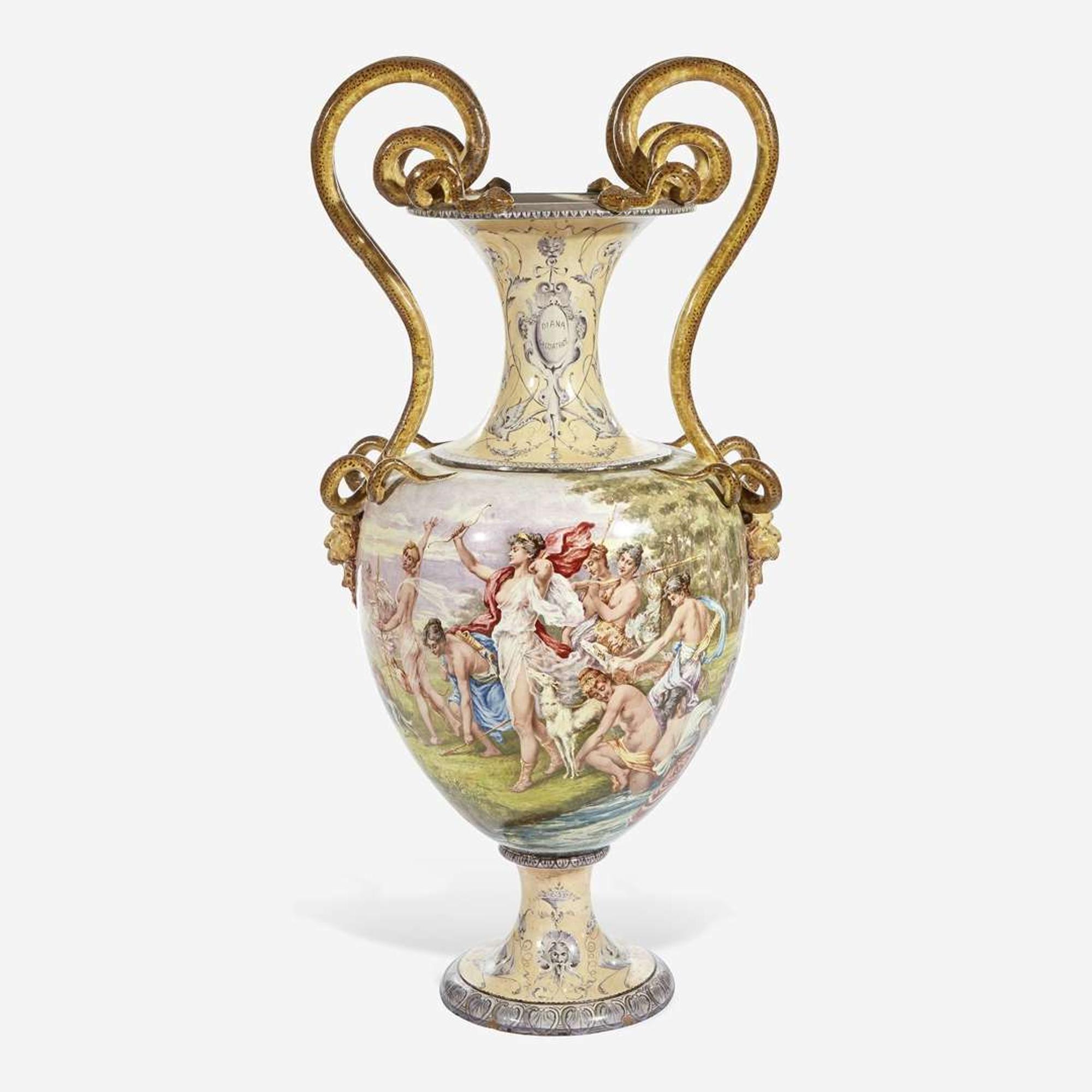 A Large Italian Majolica Twin-Handled Urn on Conforming Pedestal Probably Cantagalli, dated 1898