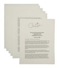 OBAMA, Barack. Duplicated typescript of his speech entitled “A More Perfect Union,” delivered at the Constitution Center in Philadelphia, March 18, 2008. [N.d.]. 10 pp., 4to . SIGNED BY OBAMA at head of the first page. (A few minor creases at edges.) Loose sheets; housed in calf folding case.