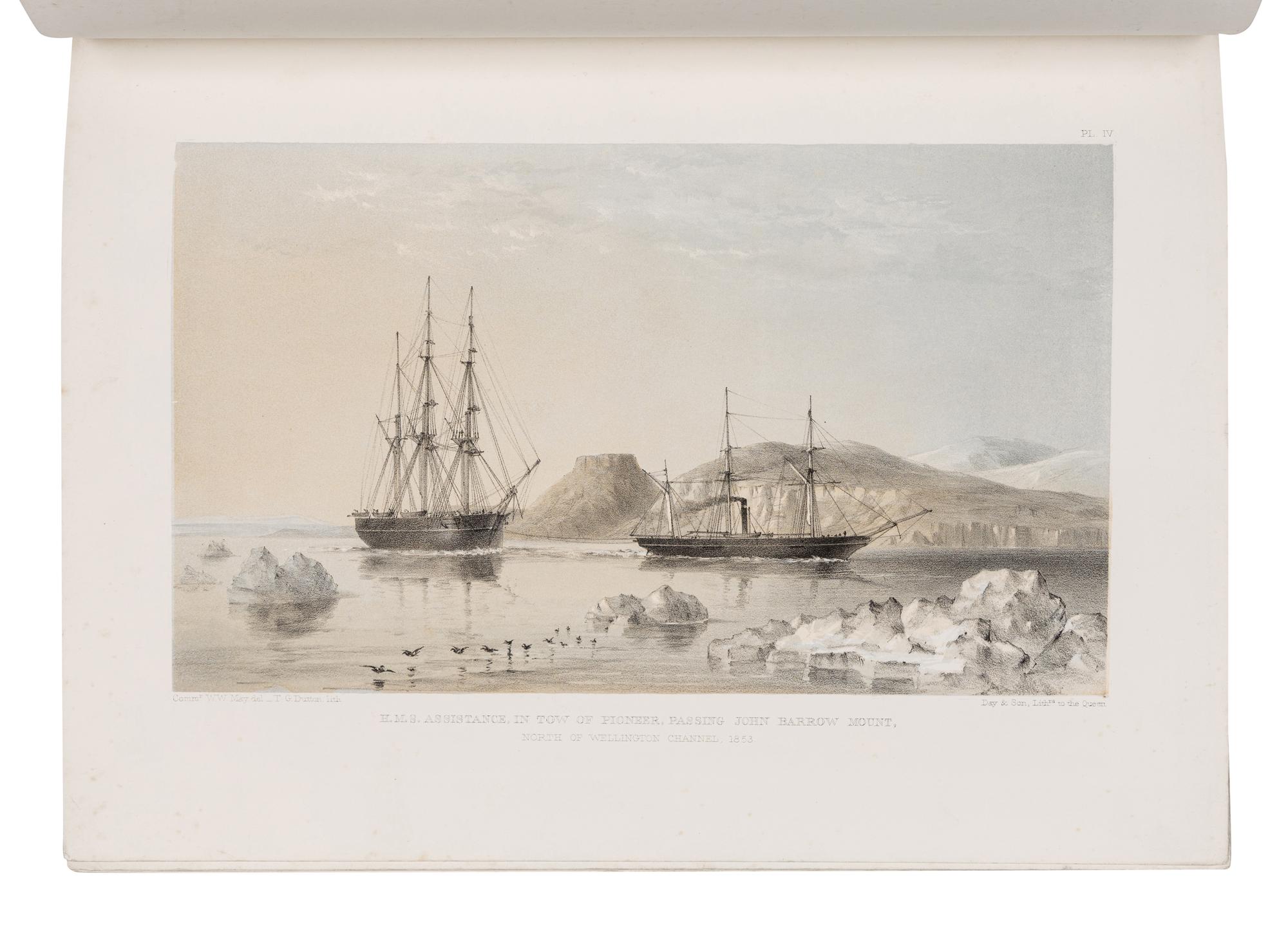 MAY, Walter W. A Series of Fourteen Sketches made During the Voyage up Wellington Channel in Search of Sir John Franklin, K.C.H., and the Missing Crews of H.M. Discovery-Ships Erebus and Terror; together with a Short Account of Each Drawing . London: Published by Day and Son, May 1, 1855.