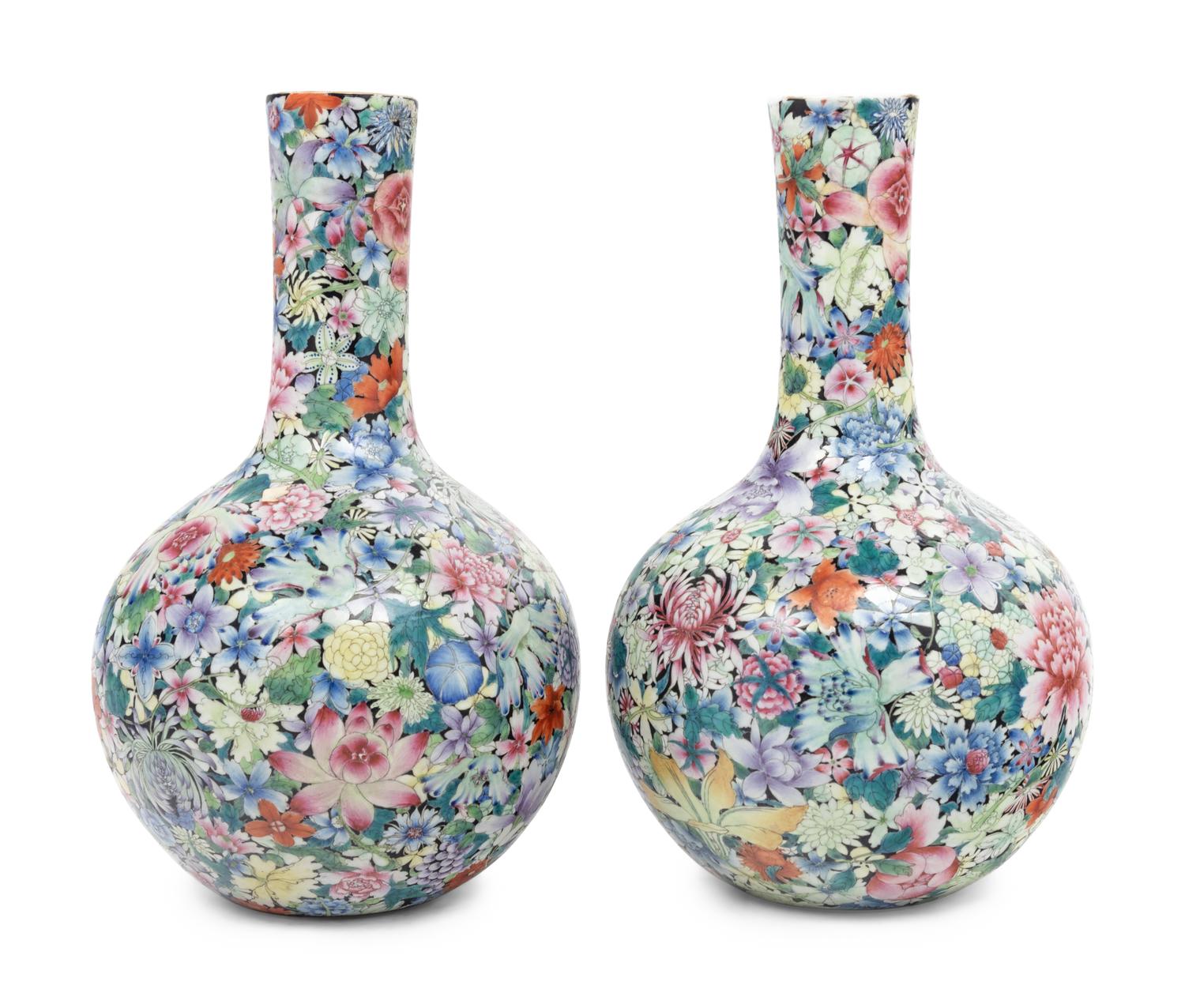 A Pair Chinese Famille Rose ‘Millefleurs’ Porcelain Bottle Vases