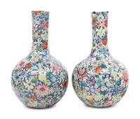 A Pair Chinese Famille Rose ‘Millefleurs’ Porcelain Bottle Vases